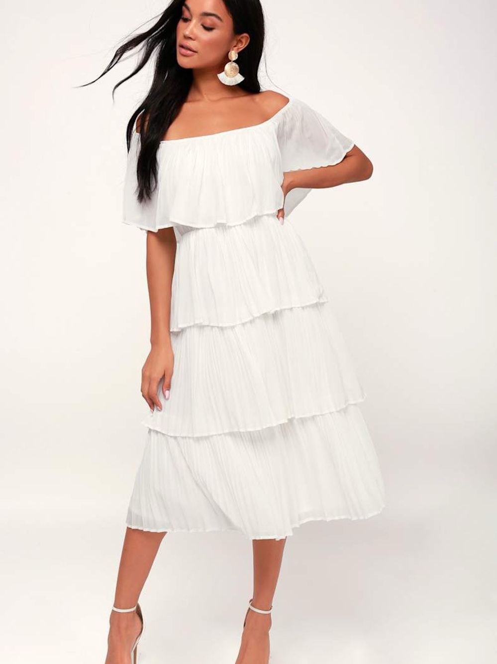 Lulus Gala Ready White Off-the-Shoulder Ruffle Midi Dress - S